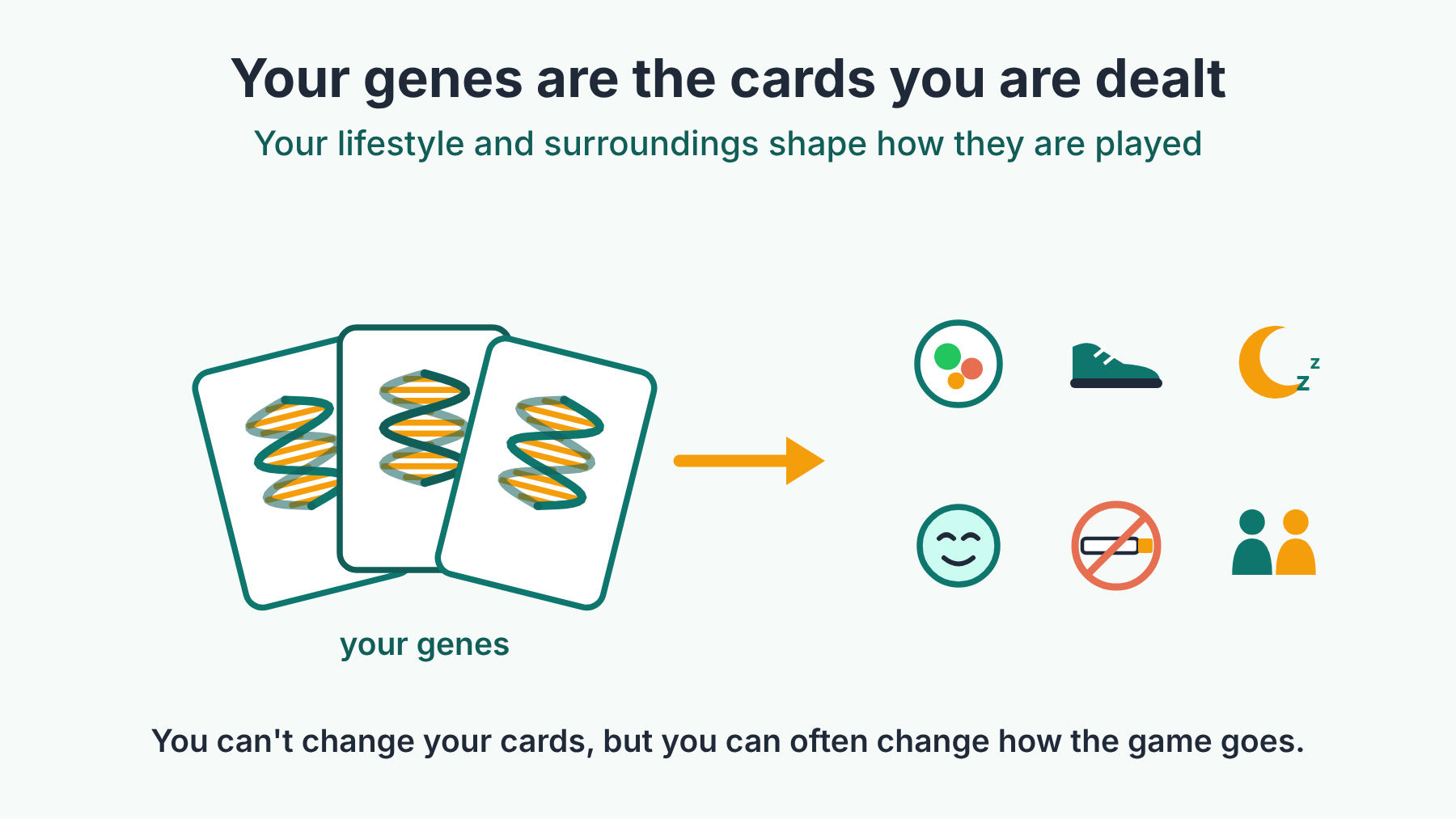 Cards showing DNA, with an arrow to lifestyle icons: you cannot change your cards, but you can often change how the game goes.