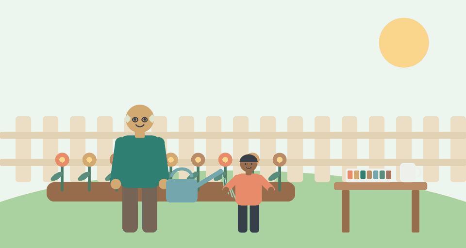 A grandparent watering flowers with his grandchild, a pill organiser on the garden table