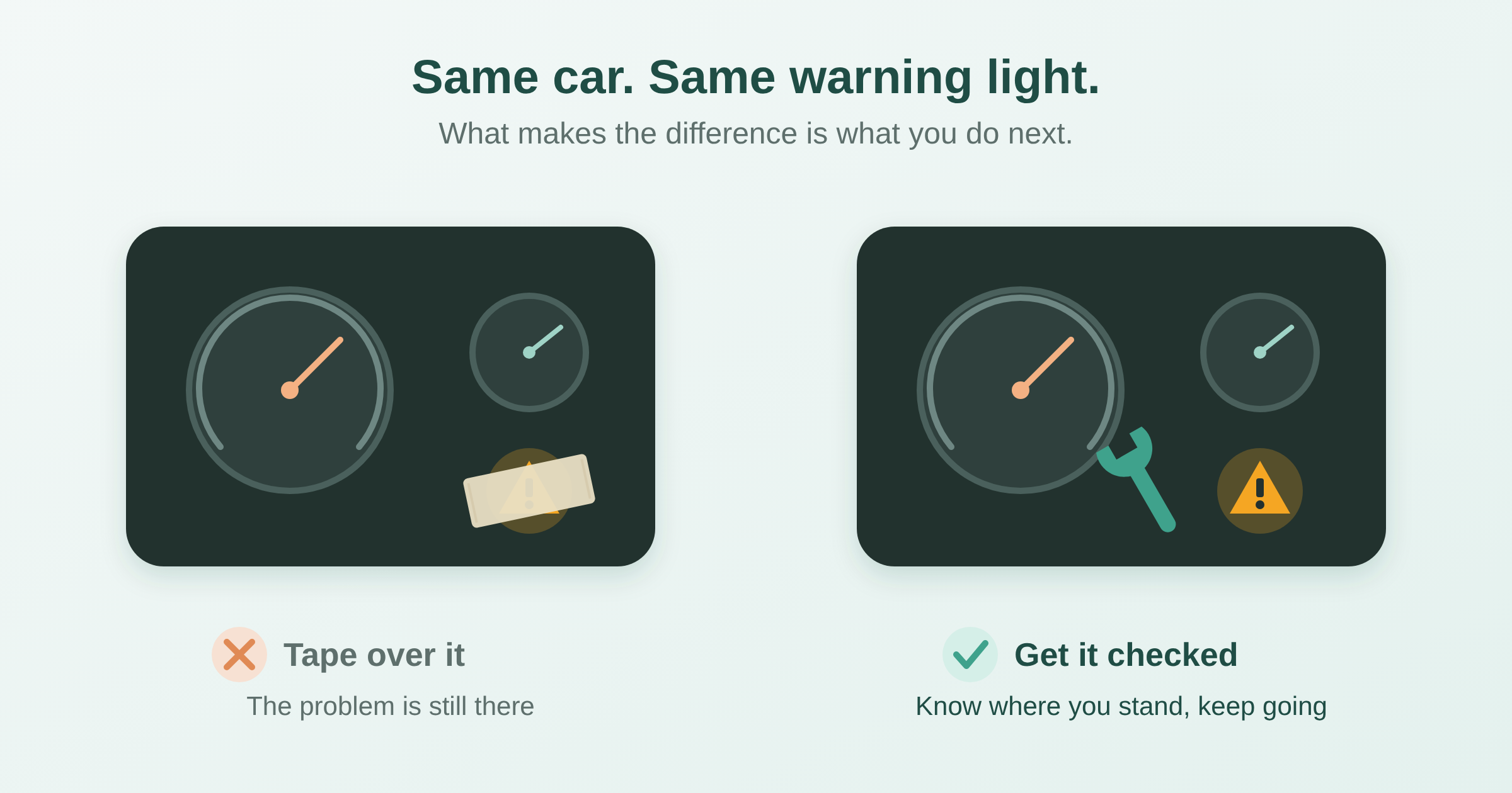 Two identical car dashboards with the same warning light: one taped over, one being checked.