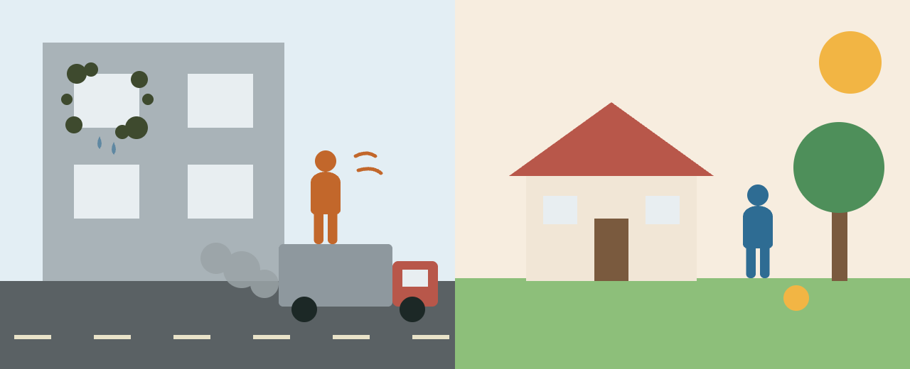 Left: a child outside a damp, mouldy block of flats as a lorry passes. Right: a child playing near a house with a tree.