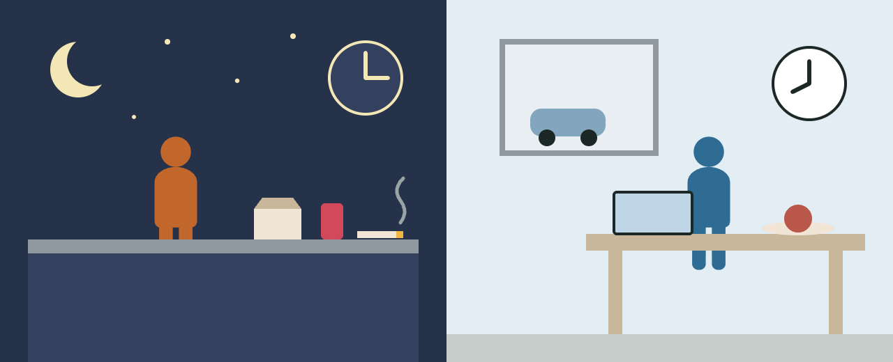 Left: a night-shift worker at a shop counter with takeaway food, a fizzy drink and a cigarette. Right: an office worker at a desk late in the evening.