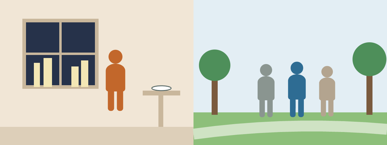 Left: a person alone at a window at night beside one plate. Right: three people walking together along a path.