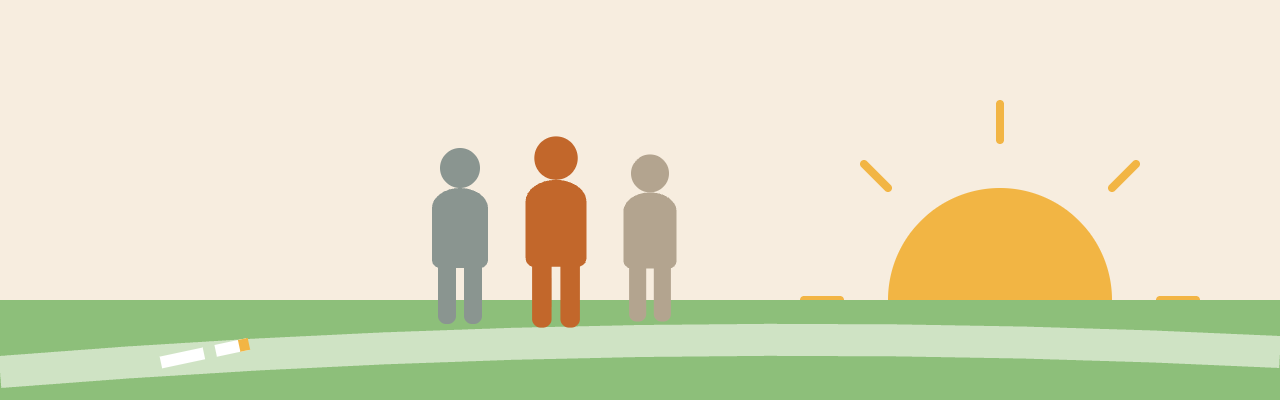 At sunrise, a person walks with two companions; a broken cigarette lies behind them.